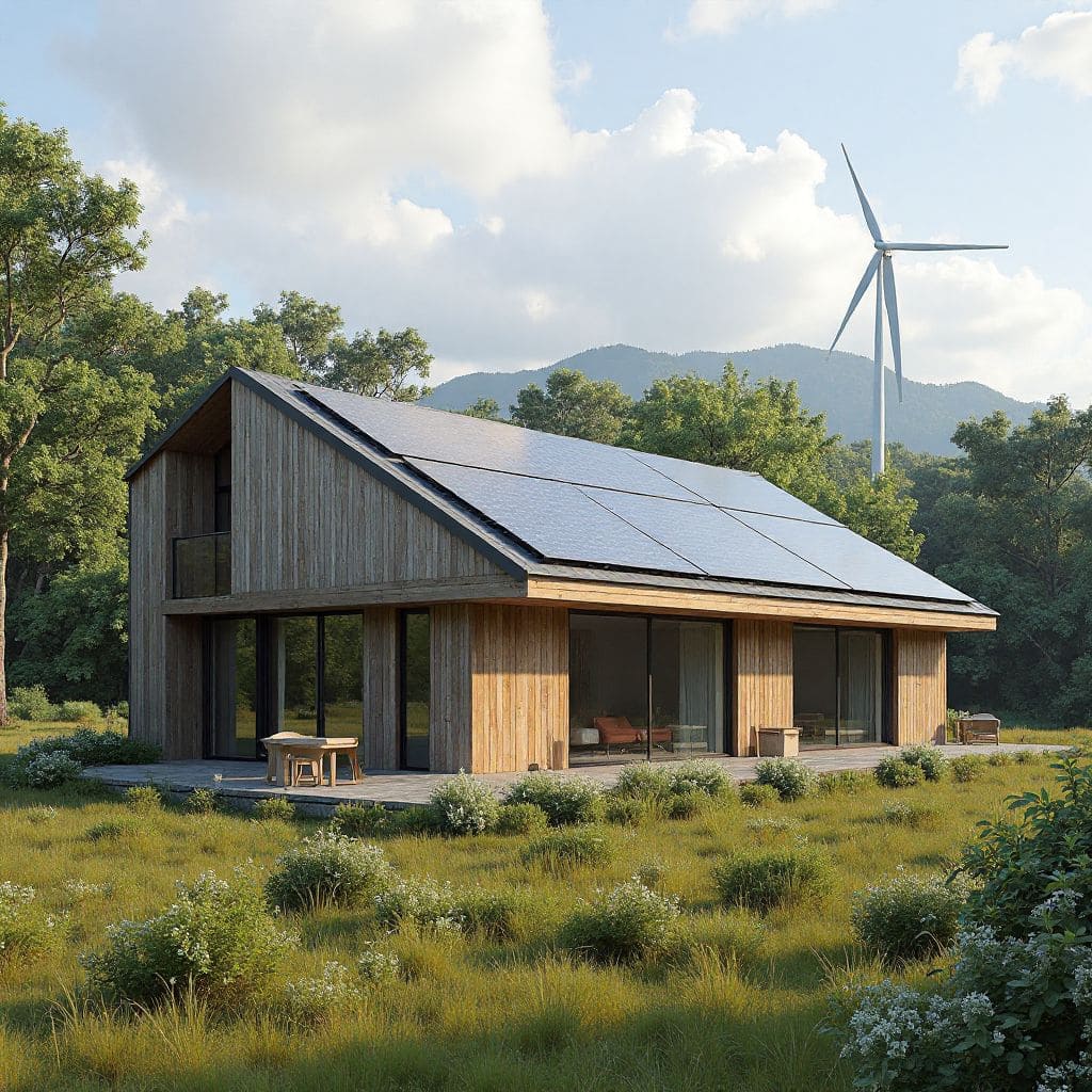 Solar panels and wind turbines powering the eco-center